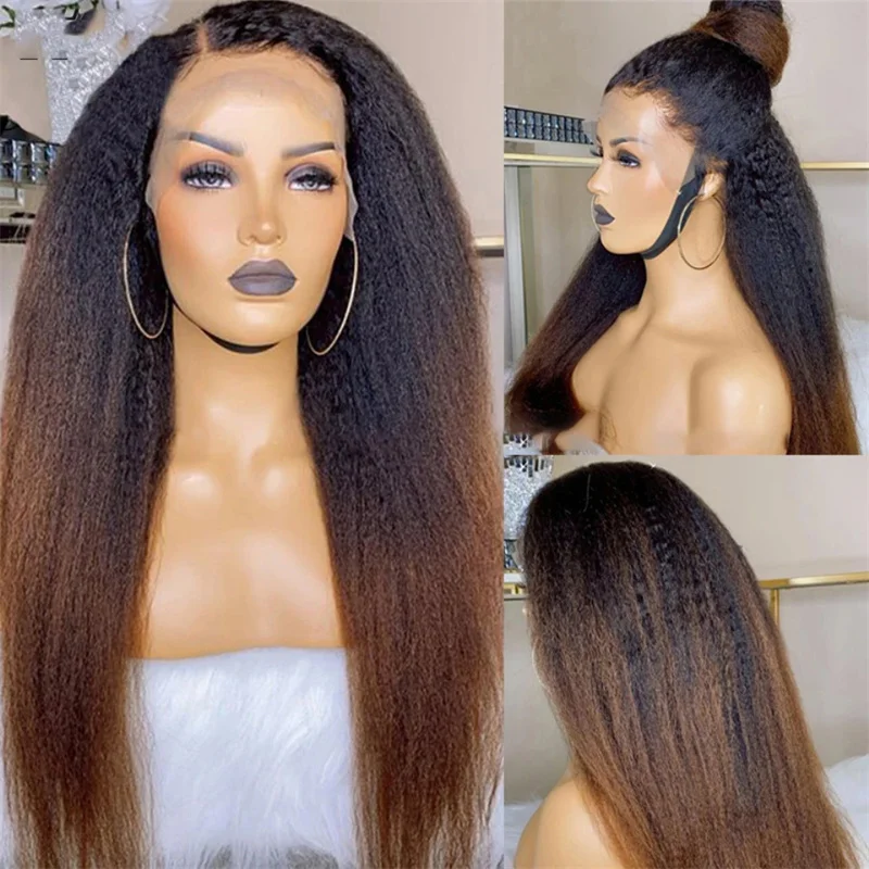 Perruque Lace Front Wig crépue lisse Yaki pour femmes noires, cheveux de bébé, doux, ombré brun, long, pré-plumé, densité 180, 26 po, 03/3