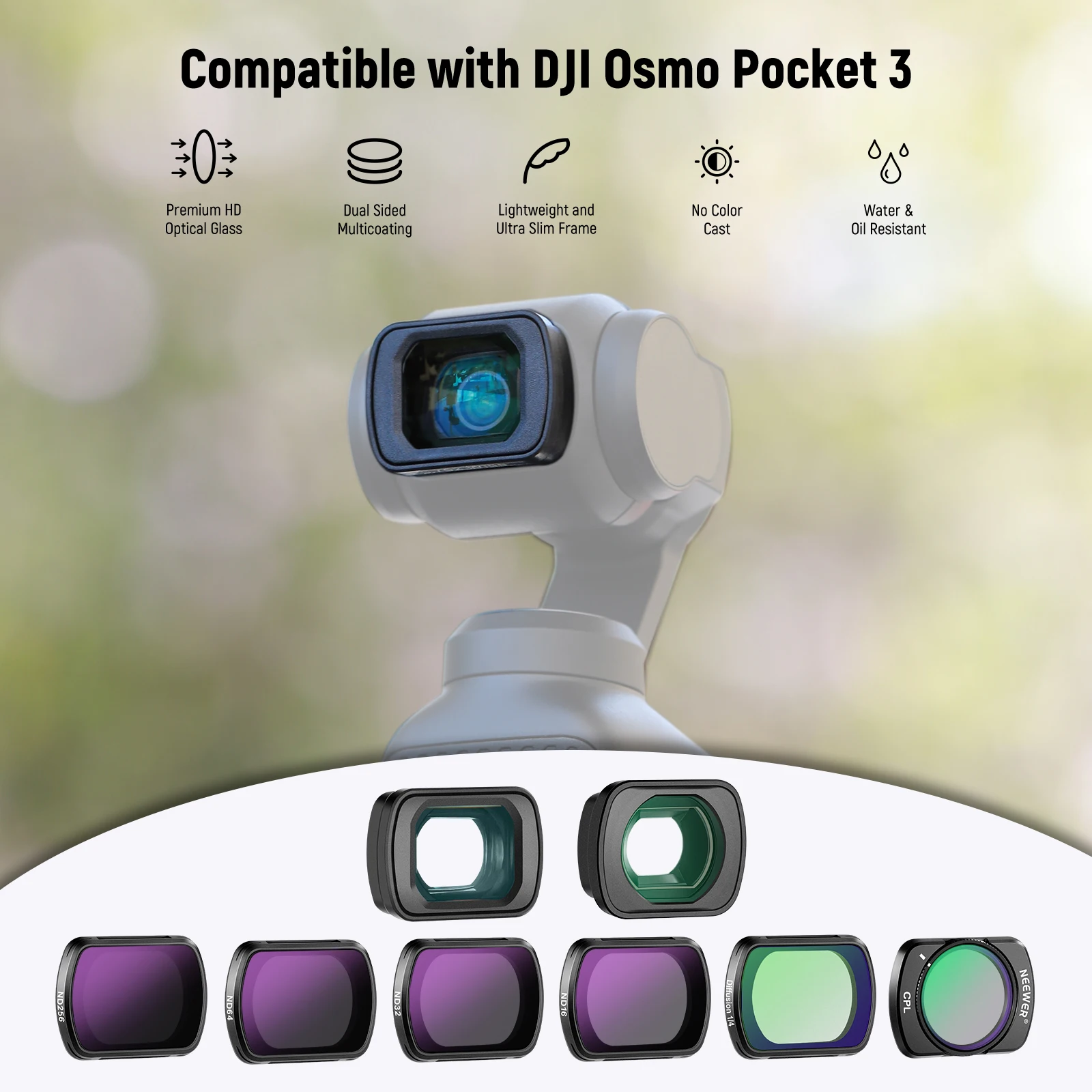 NEEWER Akcesoria filtracyjne do DJI Osmo Pocket 3 Magnetyczny filtr CPL, obiektyw szerokokątny 0,75X, 2 osłony ekranu Filtr fotograficzny — zdjęcie produktu 3