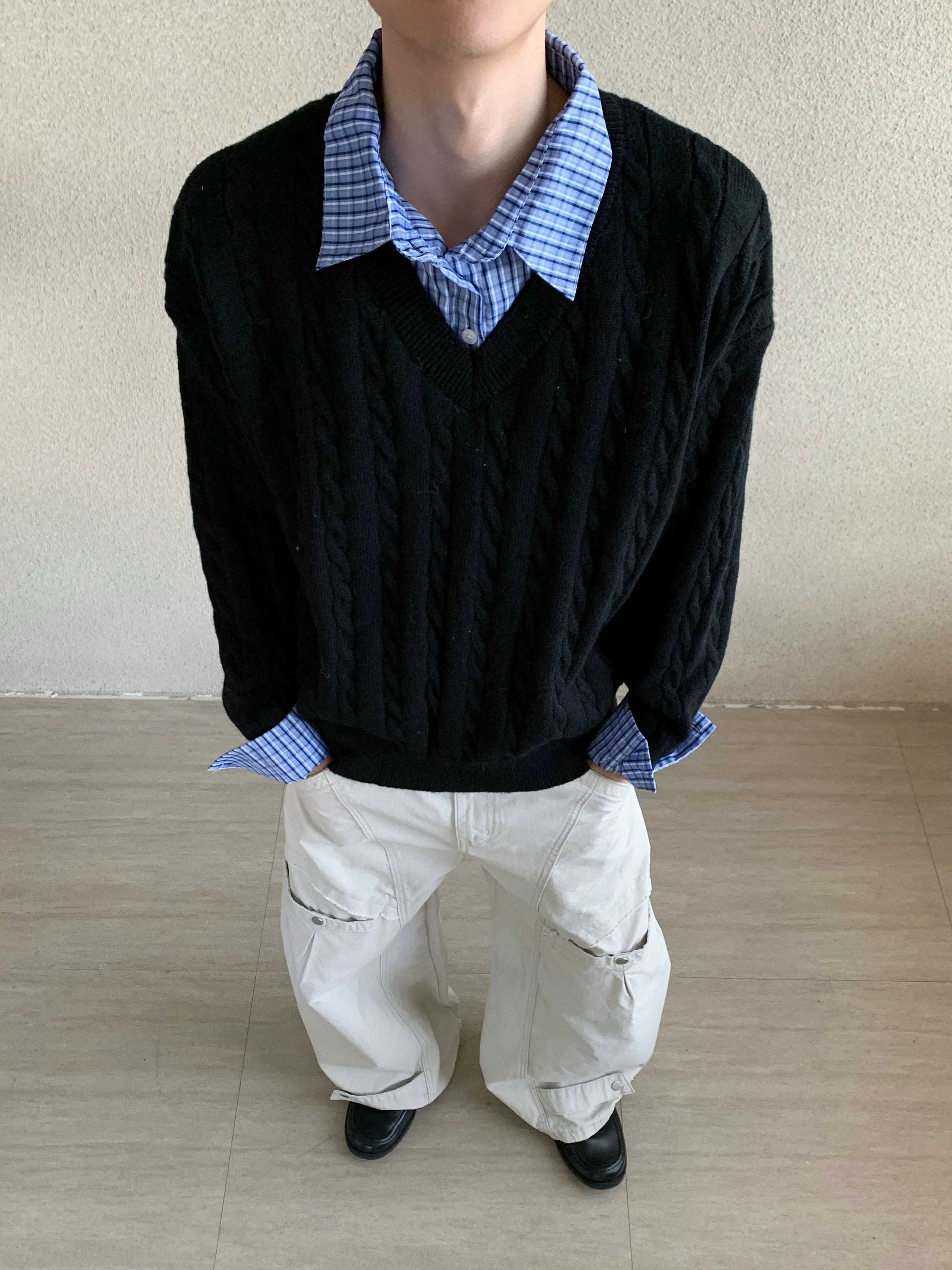 American Style Knitted Sweater  Collar Twist Flower Men's Loose Cleanfit Lazy Winter Fashion Youth Long Sleeve Crew Neck