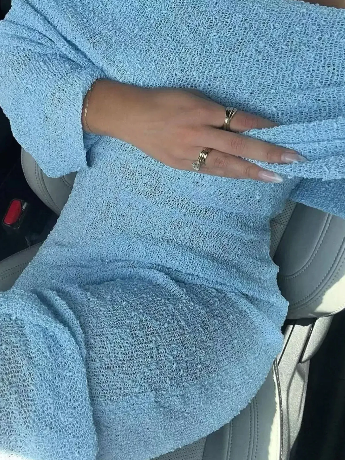 Sexy gebreide jurk met één schouder en uitgehold ontwerp, elegante, nauwsluitende strandvakantie, zwembadfeest met lange mouwen