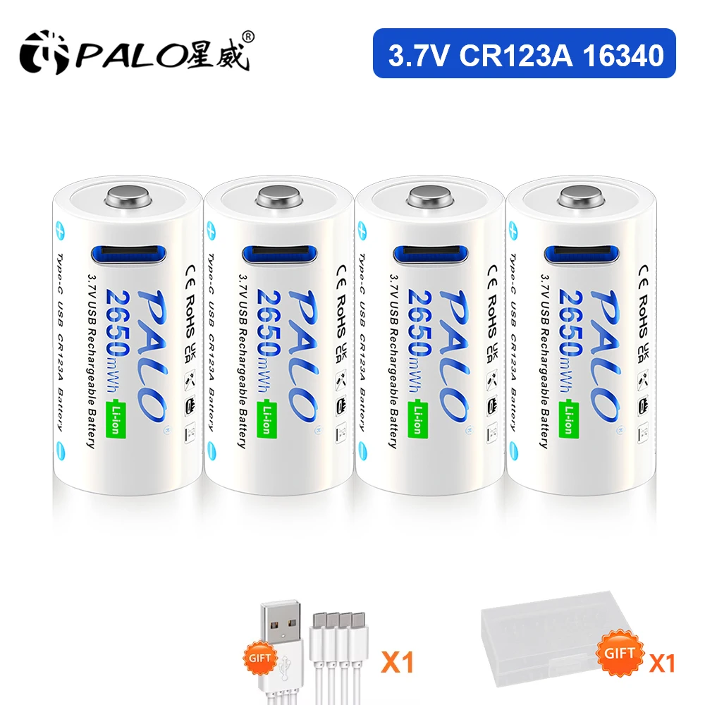 PALO 2650mWh CR123A 16340 Rechargeable Battery 3.7V 16350 lithium Type-C USB Rechargeable Battery for Flashlight CR123 RCR123