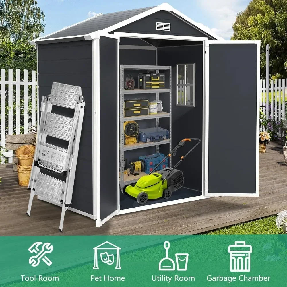 6x4.4ft Outdoor Resin Storage Shed with Reinforced Floor, All-Weather Plastic Shed with Lockable Doors, Window & Vents,Dark Gray