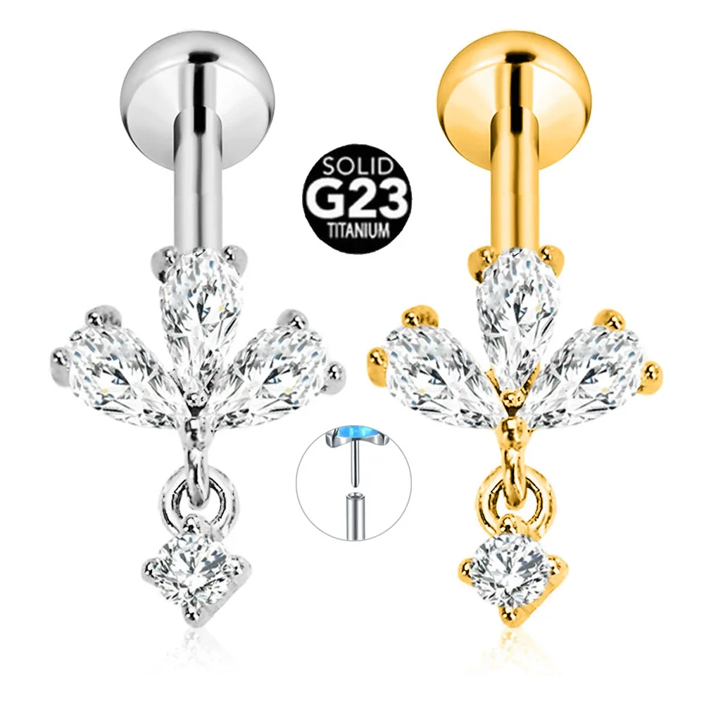 ASTM F136 G23 Titanium Flower Petals Drop Labret Threadless Piercing Pin Push in Lip Stud Daith Conch Earring 16G 18G 20G