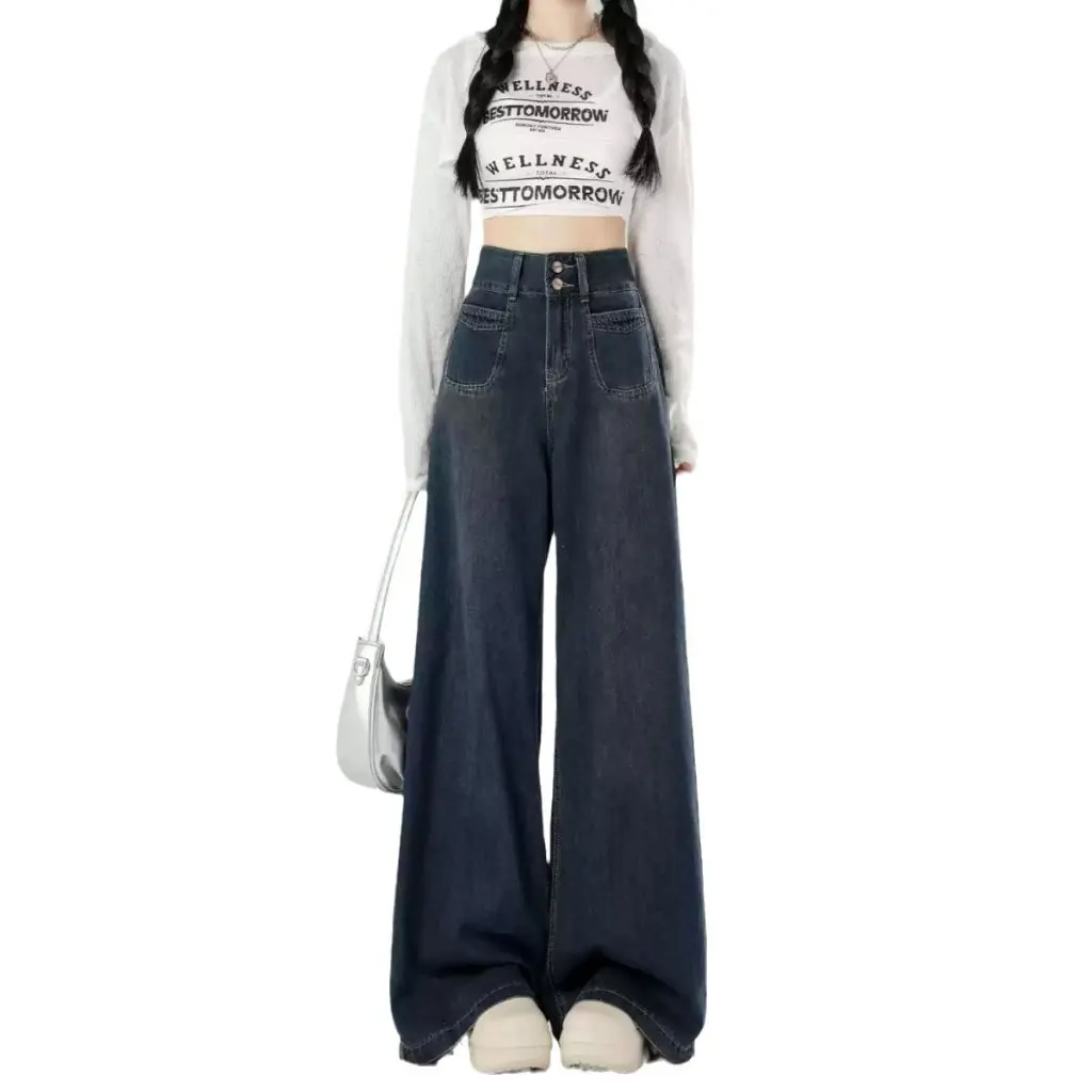 Women's High Waist Wide Leg Jeans American Style Retro plus Size Loose Slim-fit Pants for Spring And Autumn