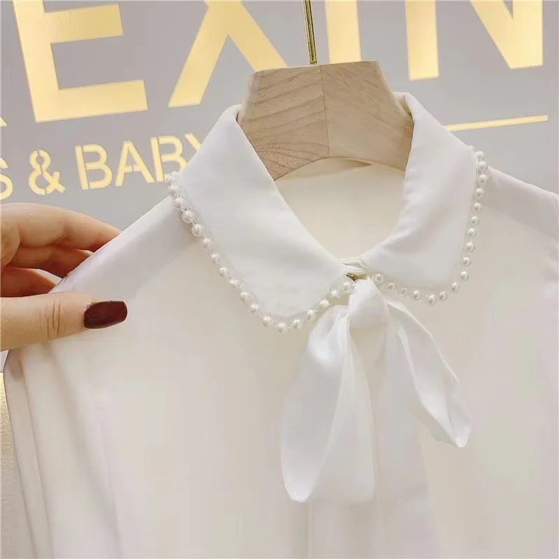 2024 Autumn New Korean Version Of The Girl\'s Small Fragrant Pearl Collar Shirt Baby Style Shirt Girls Autumn Clothing 100-140cm