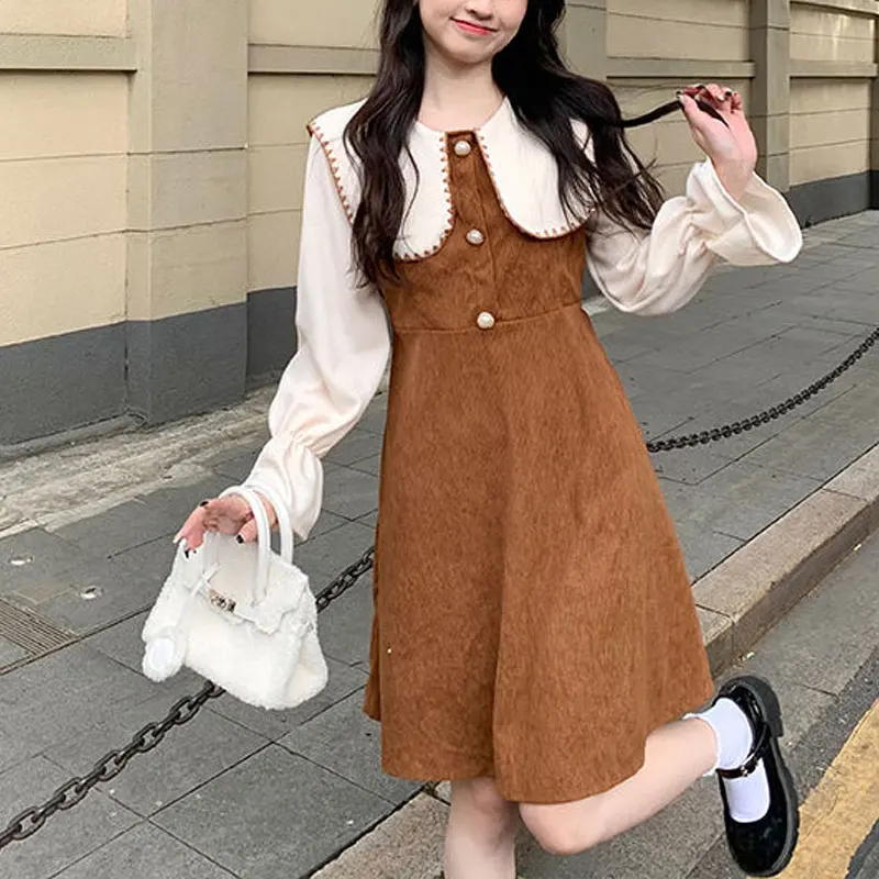 

Korean Gentle Style Midi Dress Women's Clothing Doll Collar Spring Autumn Long Sleeve Vintage A-Line Fashion Drawstring Dresses