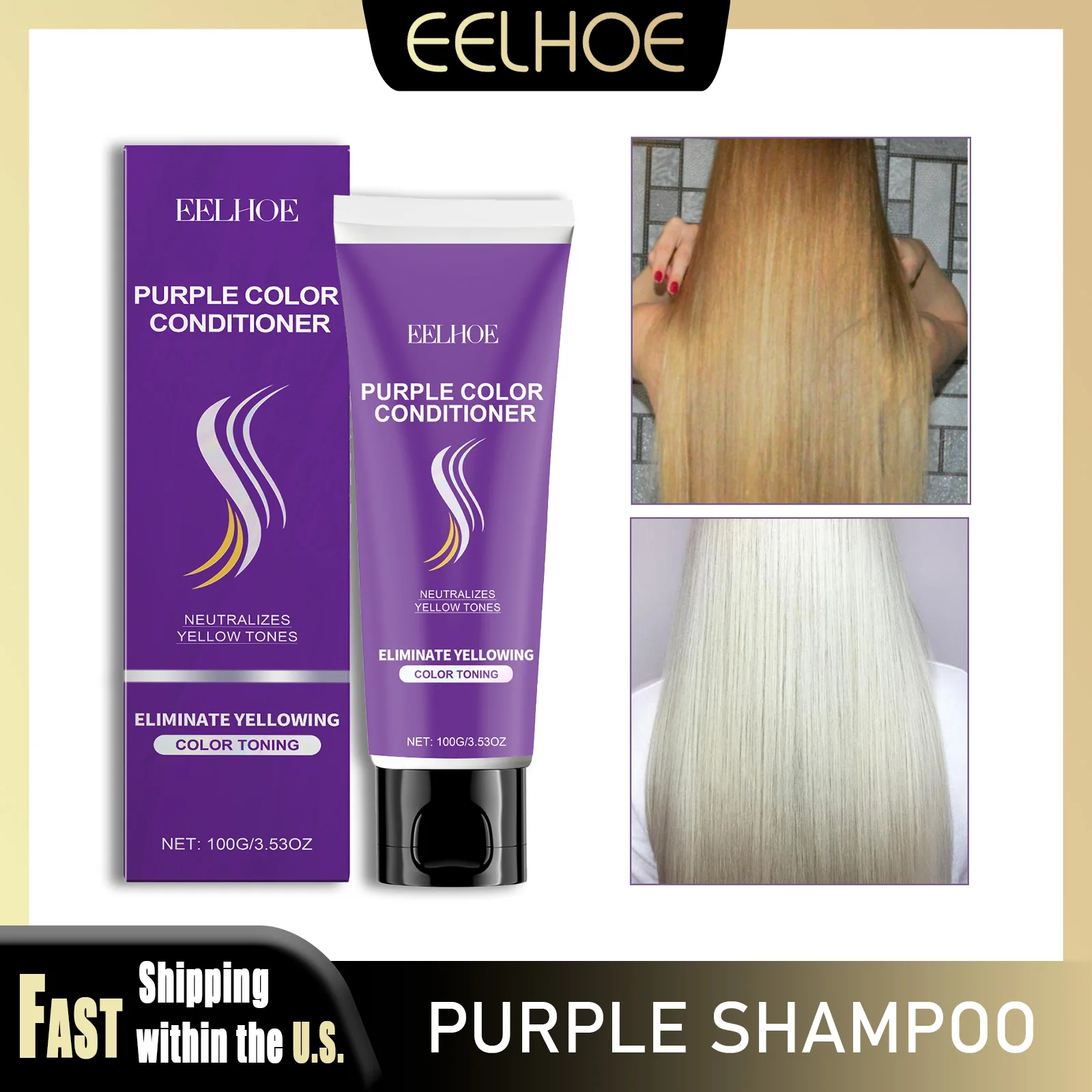 

Фиолетовая маска для волос EELHOE, 100 г, кератиновое питательное, гладкое восстановление волос, нейтрализует желтые тона, серебристо-серое покрытие, чистые яркие волосы