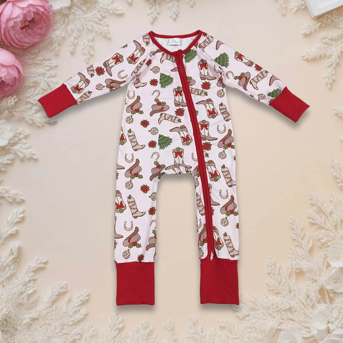 

Hot Sale Newborn Baby Girl Sleeper Zipper Romper Christmas Kids Clothing Long Sleeve Holly Boots Print Infant Toddler Bodysuit
