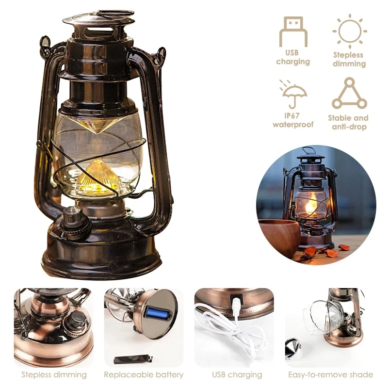 Vintage Camping Lantern Light Battery Rechargeable USB LED Outdoor Portable Lantern Stepless Dimming Tent Fishing Kerosene Lamp