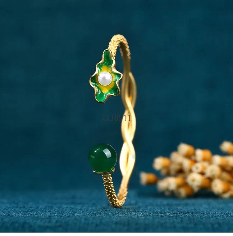 *Ethnic Palace Style Cuff Bracelets for Women Lotus Flower Leaf Shaped Charm Bangle Gold