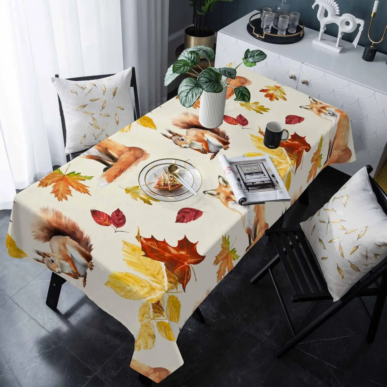 Fall Squirrel Maple Leaf Rectangle Tablecloth for Table Decor Washable Farmhouse Kitchen Dining Tablecloth Autumn Decorations