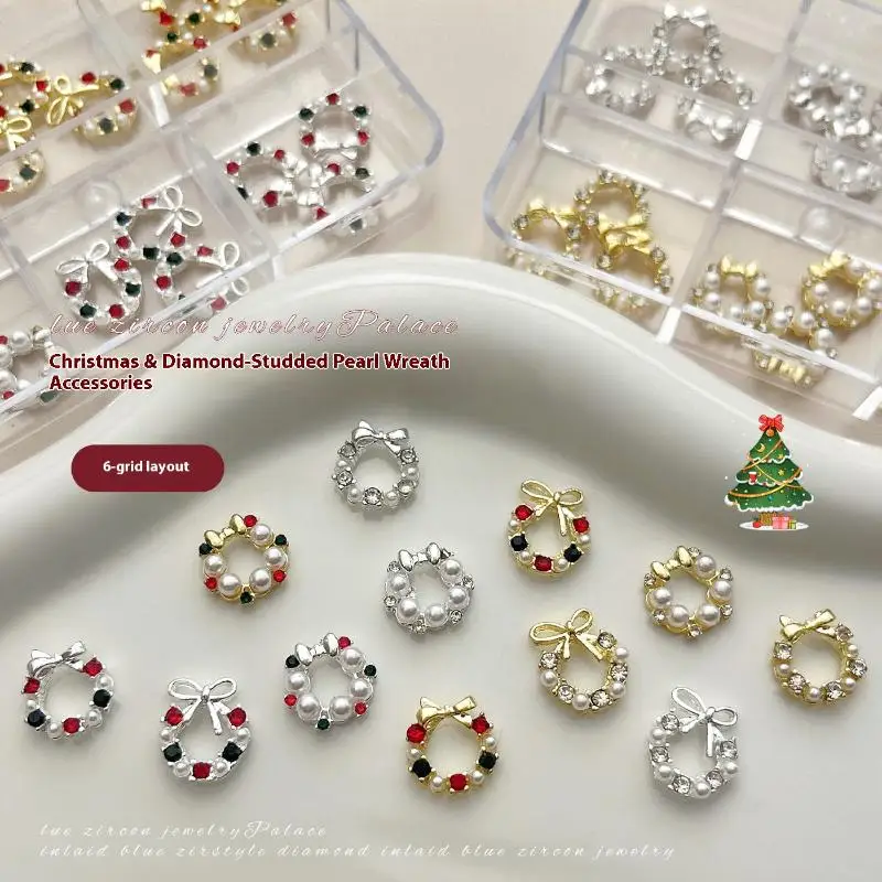 6 piezas de arte navideño para uñas, decoración artesanal, corona de diamantes de imitación con accesorios de perlas, rejillas de tamaño mixto, alta calidad, duradera