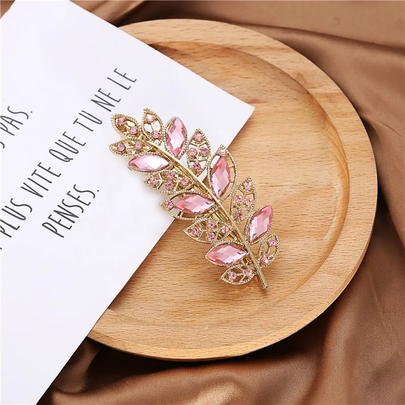 Fashion Imitation Crystal Rhinestone Hair Clip Multicolor Leaf Shape Spring Hairpin for Women Girls Ponytail Jewelry Accessories