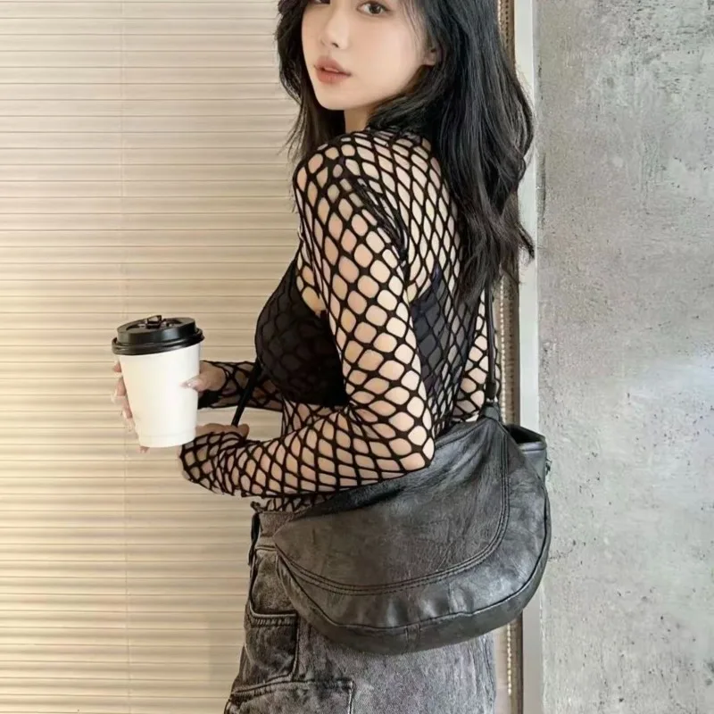 Women's 2026 Summer New Sexy Sheer Mesh Long Sleeve Top Lace Fishnet Y2K Korean Streetwear Hot Girl Going Out Layering Cover Up