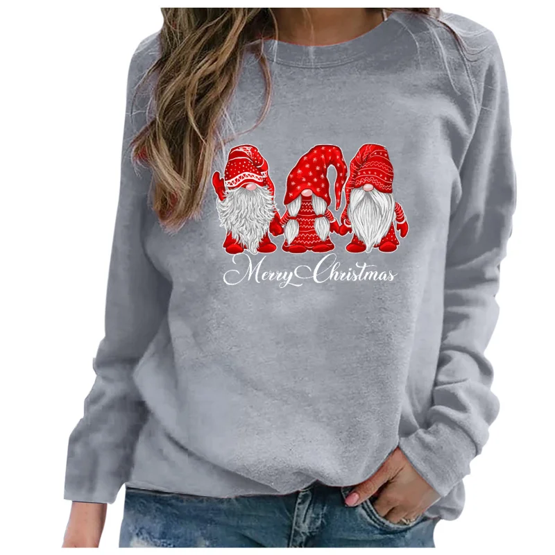 Women the Four Seasons New Crew Neck Pullover T-Shirt Santa Claus Printing Splicing Loose Casual Versatile Raglan Sleeves Tops