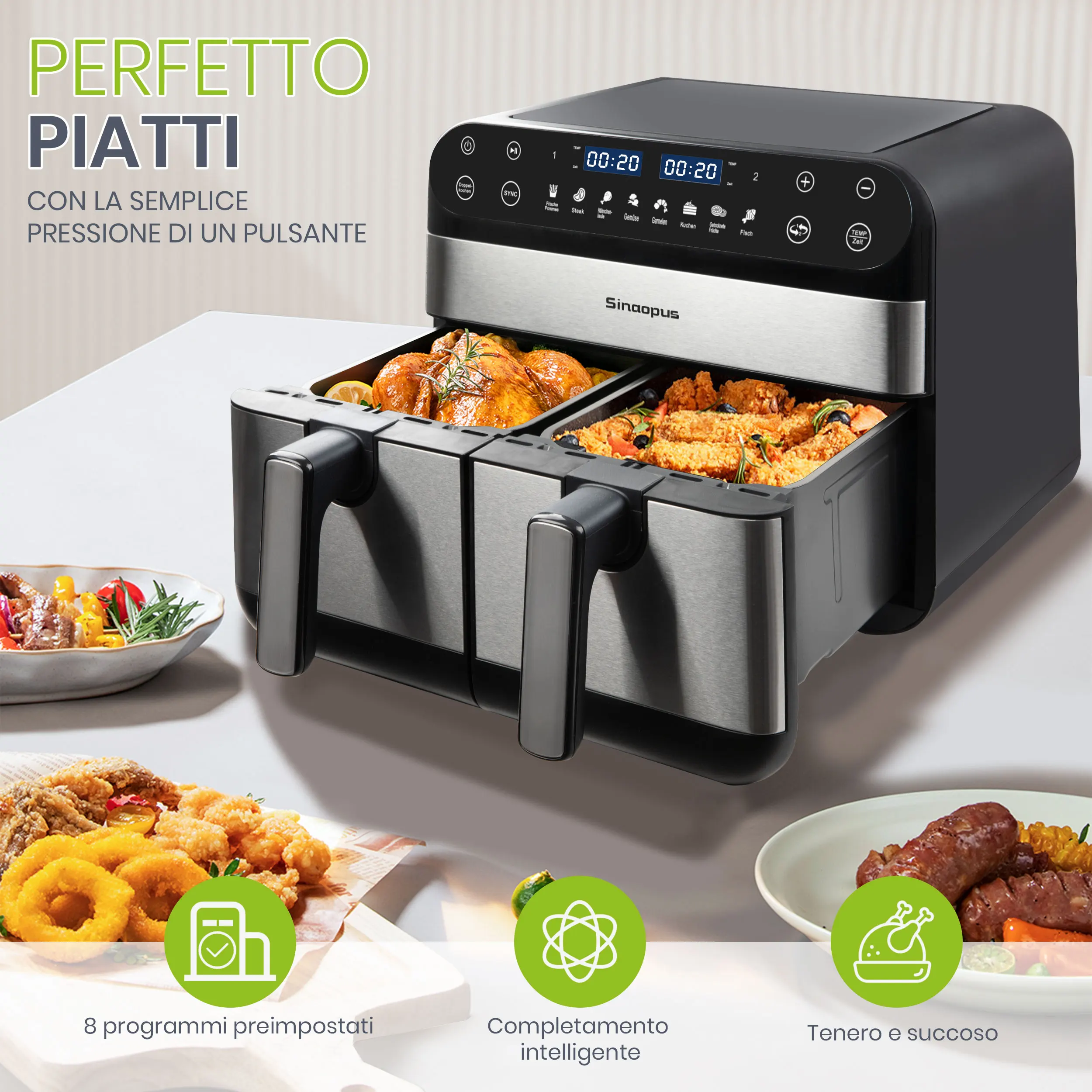 Sinaopus Friggitrice ad Aria Calda 2400W 10L con Doppio Cestello e Schermo Tattile LED Friggitrice Elettrica Senza Olio Programmi Automatici Timer Air Fry