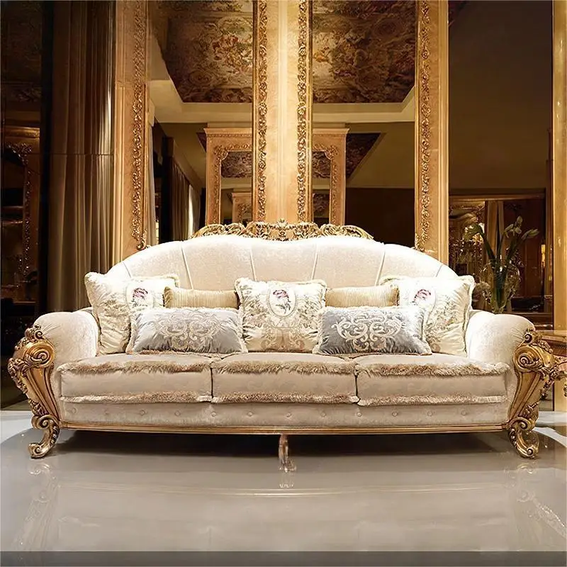 European style fabric sofa combination French style solid wood carved large living room gold foil sofa furniture customization