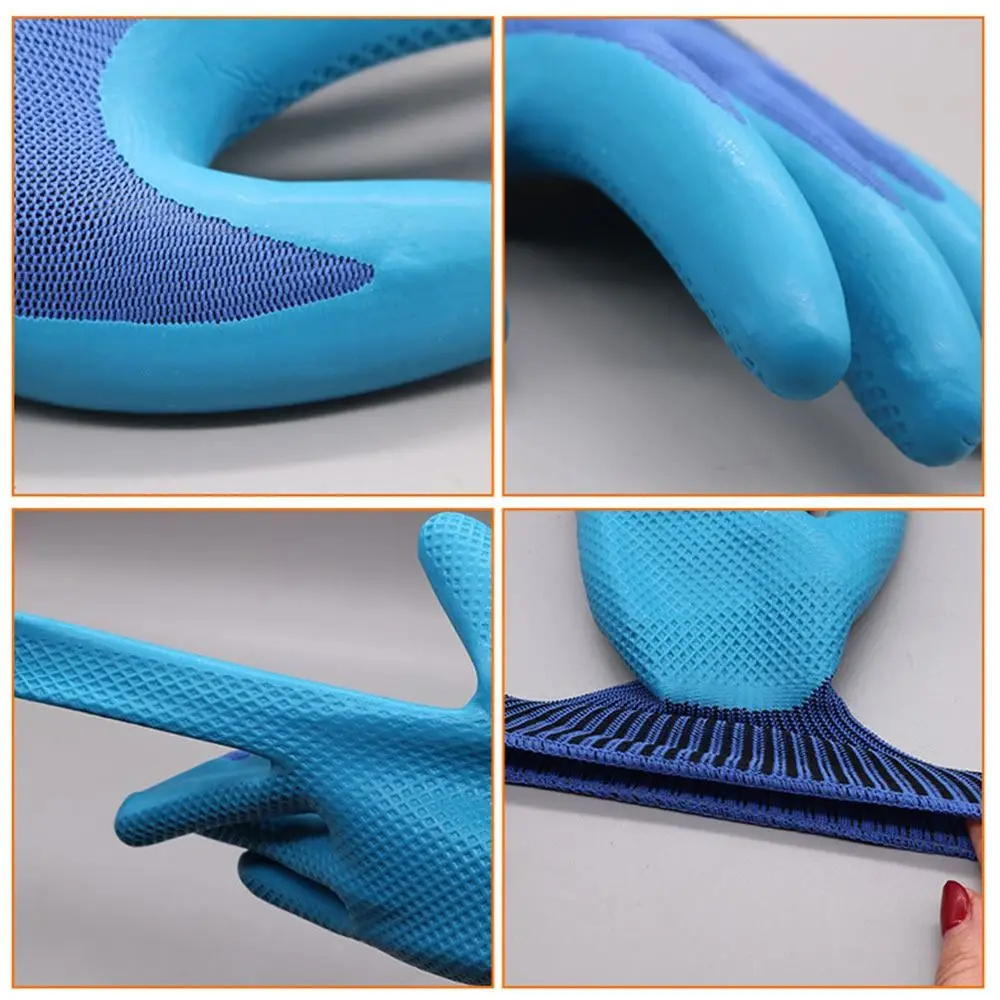 Blue Embossing Latex Work Safe Gloves Antiskid Breathable Elastic Protective Mittens for Construction Site Mechanical Repair