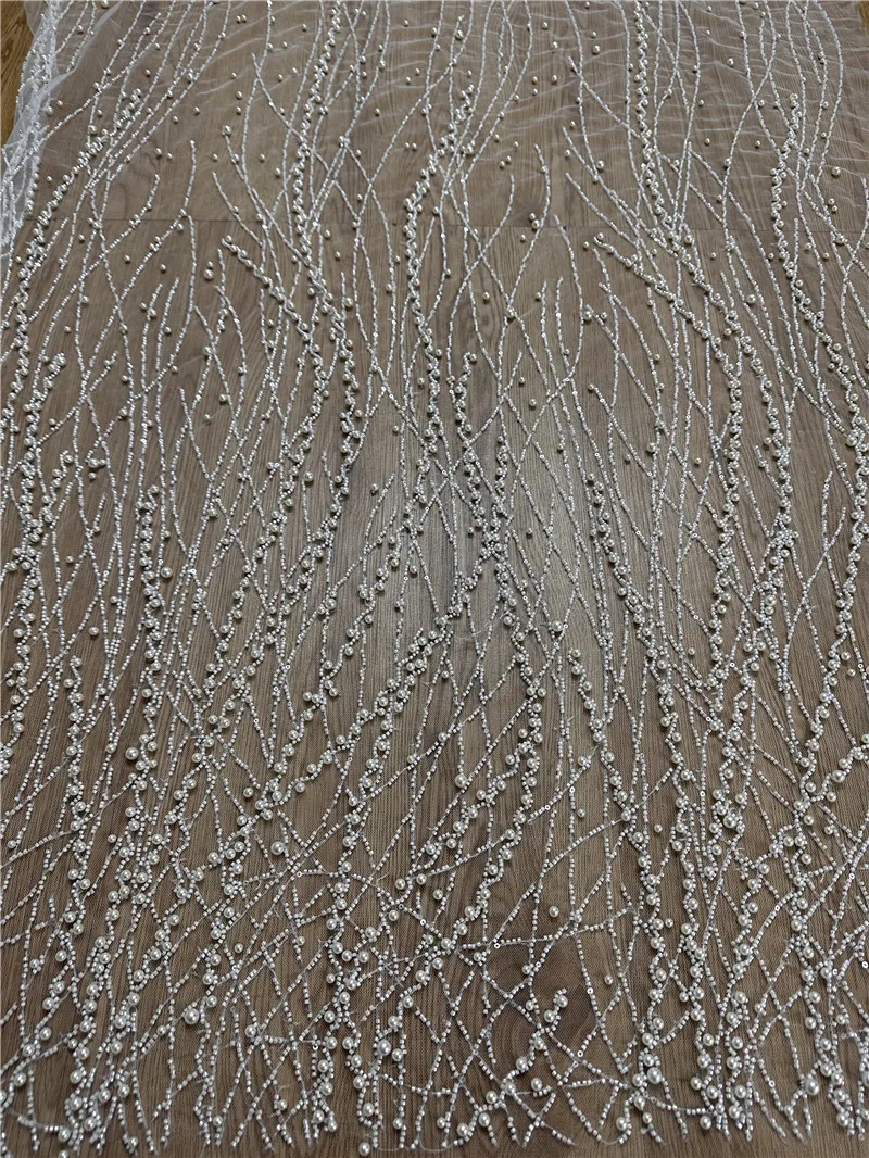 High Quality Hand Sew Pearls  Off White Unique Wedding Dress Embroidery Beaded Sequins Lace Fabric Sell By 1 Yard