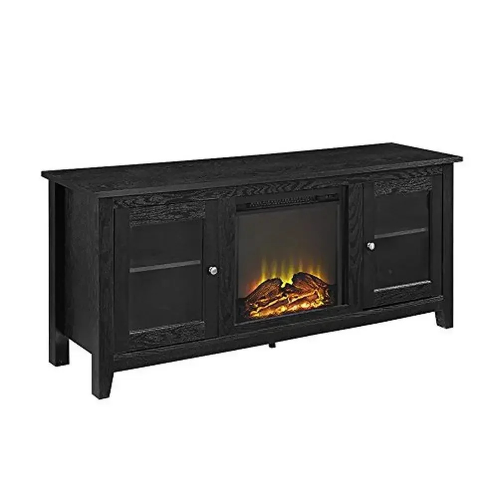 Rustic Wood Glass Fireplace TV Stand Flat Screen Living Room Storage Cabinet Shelves Entertainment Doors 64