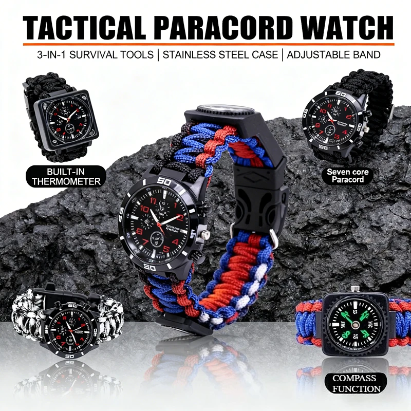 

Tactical Seven - Multifunctional Outdoor Survival Kit with Flint/Compass, Watch-Style Rope Weave Tool for Adventure Enthusiasts