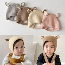 Crochet Knitted Baby Hat Korean Style Spring Autumn Baby Warm Bonnet Adjustable Ear Protection Newborn Beanie Cap for 3-24M Baby