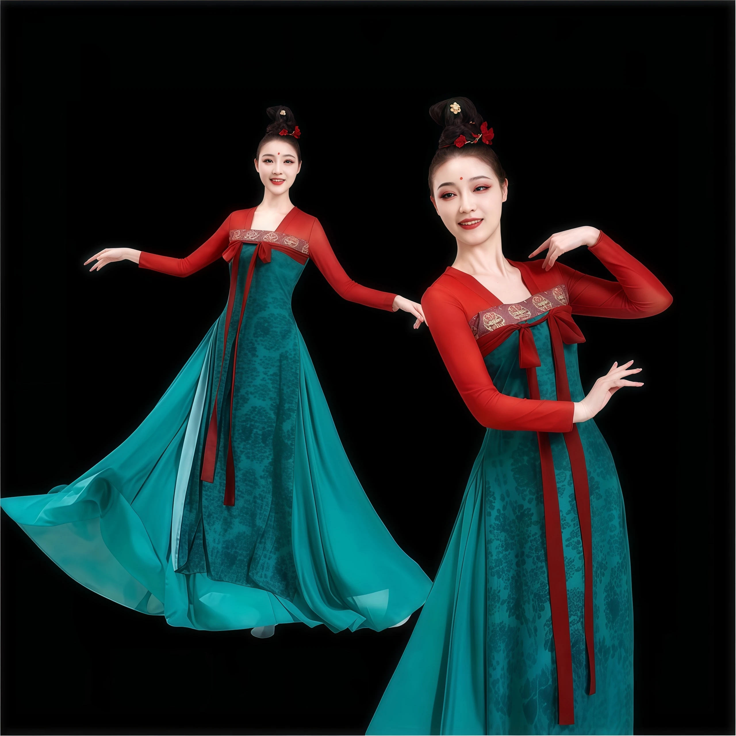 女性用中国古典舞踊衣装-レトロな漢民族風ロングドレス-フレアスリーブ-パフォーマンスや日常のダンス練習用