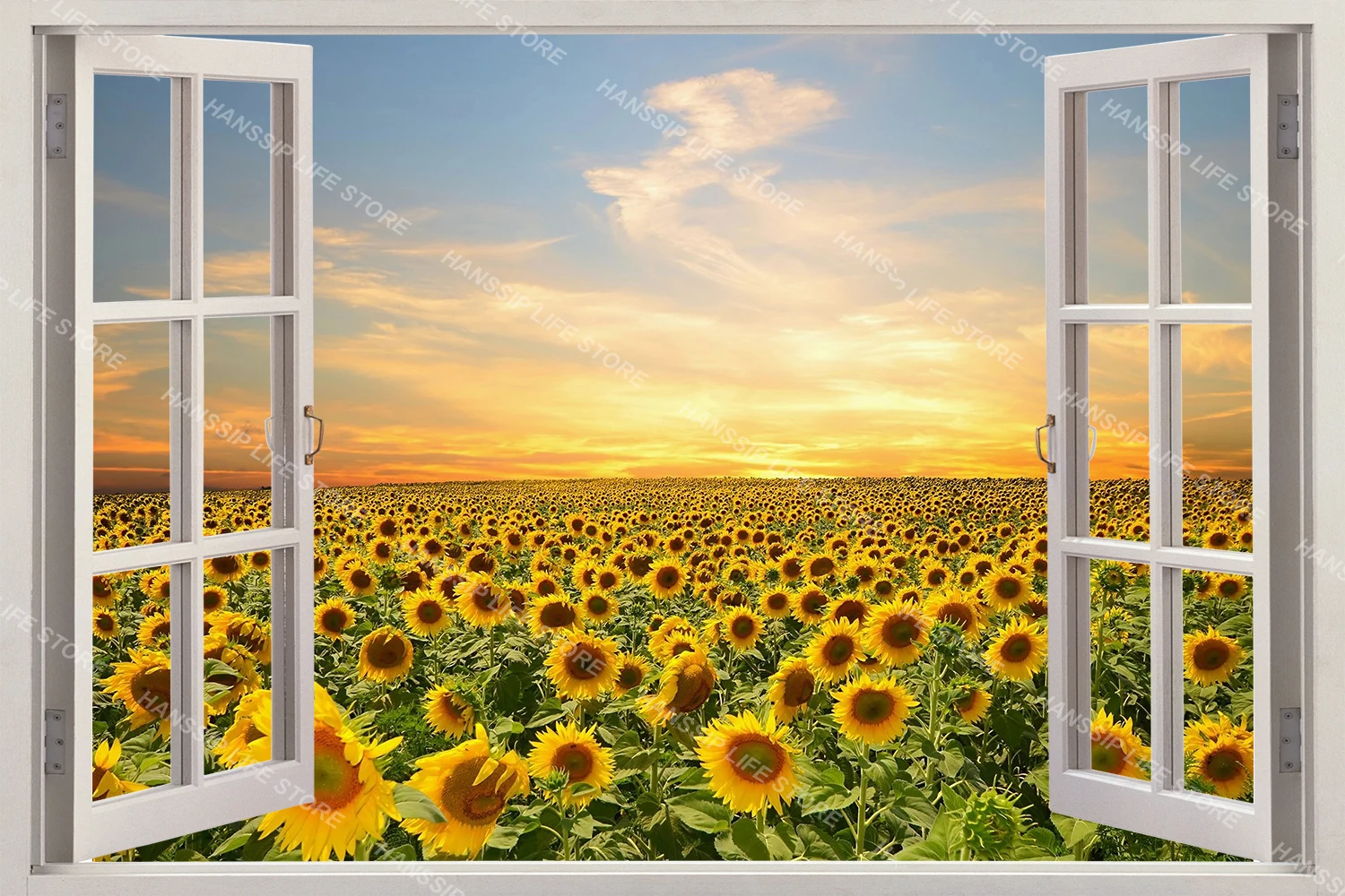 Imitation Window Landscape Seascape Wall Sticker Peel and Stick Home Decorative Sunflower Fair Tale House Children Wall Decal