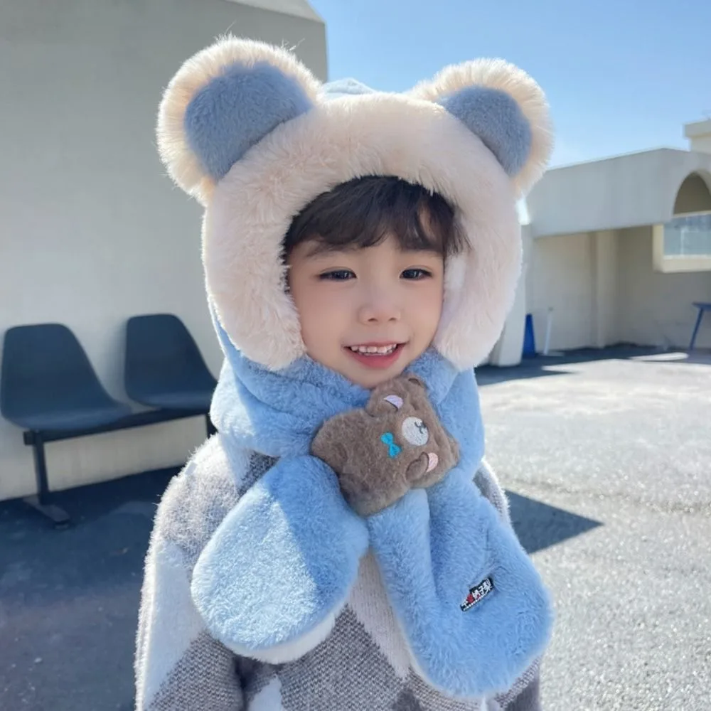 Solid Color Bear Plush Hat With Mask&Scarf Korean Style Children Fleece Hat Cloth Accessories Cartoon Plush Hat with Scarf Baby