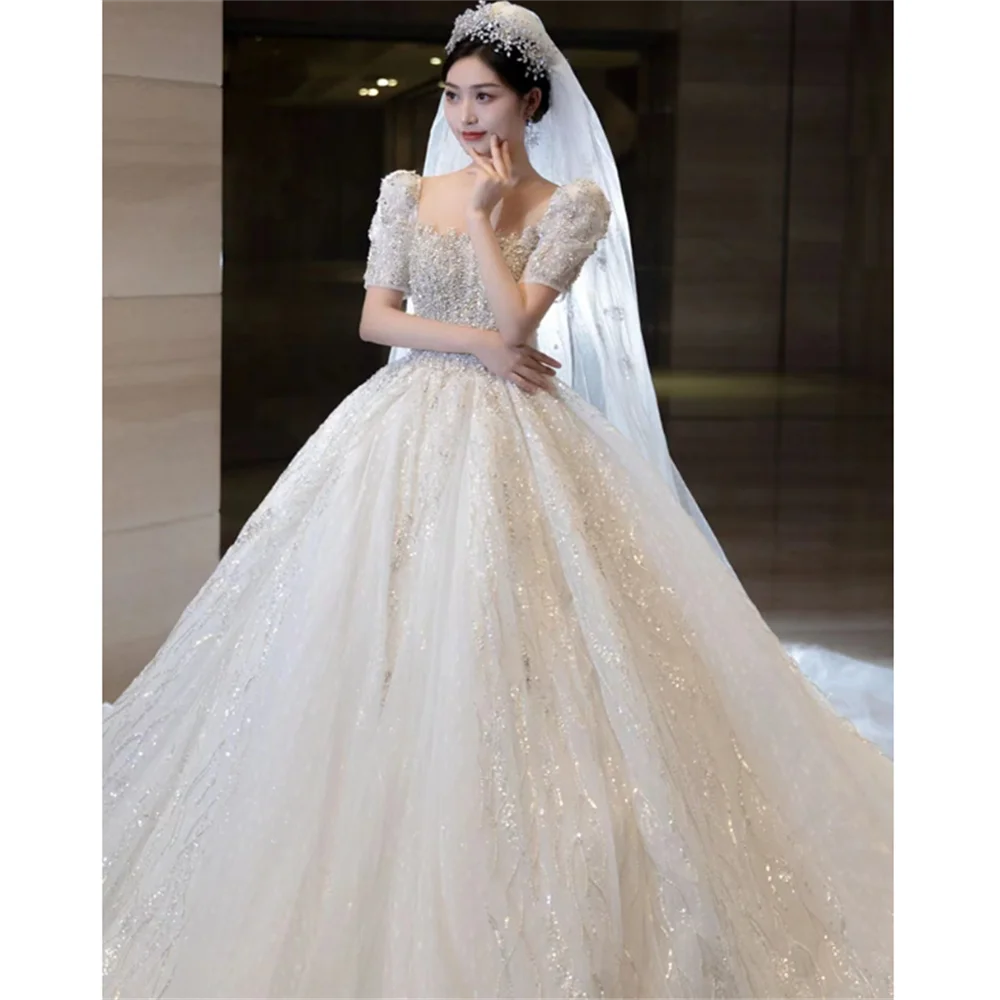 2024 New Square Collar Luxury  Women Wedding Dresses Bright Sequin Bridal Gowns A line Short Sleeves Customized A007