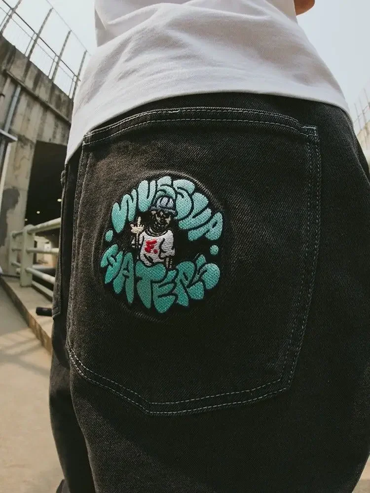 

American Hip-Hop Black Cartoon Pocket Embroidered Skateboard Streetwear Men Jeans Personalized High-Waist Straight Loose Pants