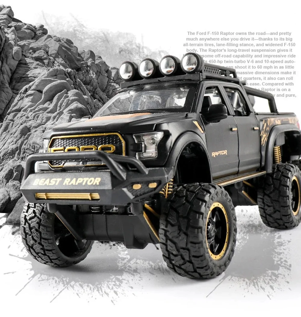 1:24 Pickup Trucks for Boys F150 Raptor Diecast Metal Model Car with Sound and Light for Kids Age 3 Year and up