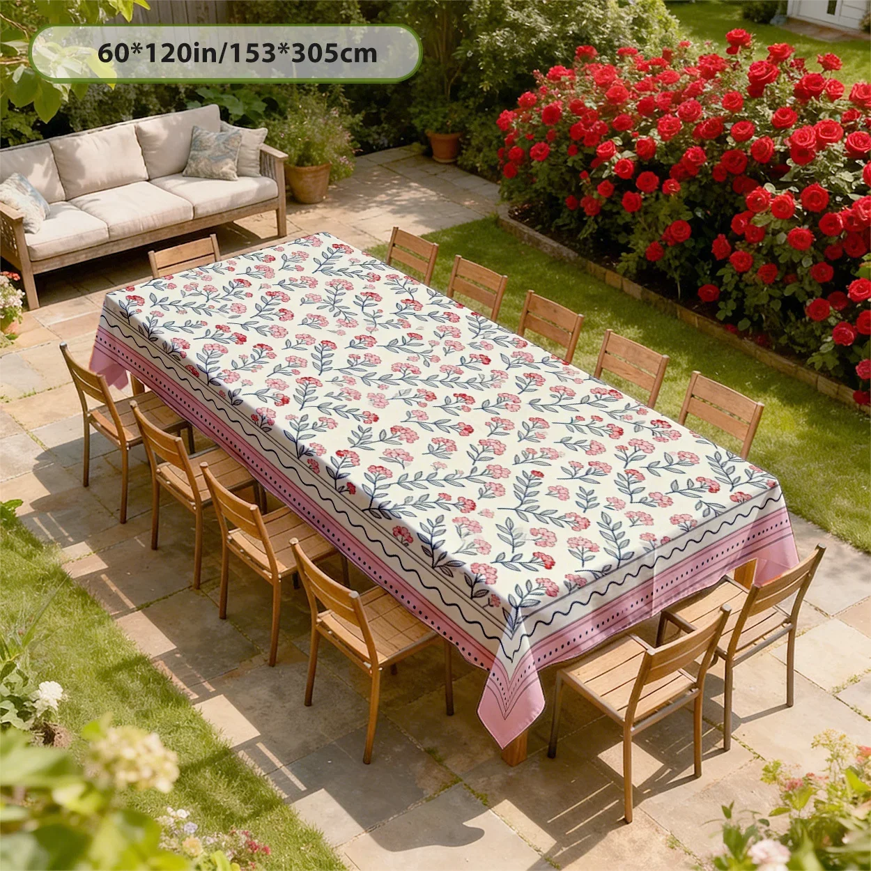 Tablecloth 2D Flat Printing - 1 piece. Retro floral pattern. Pink and green color scheme. Durable polyester fabric.