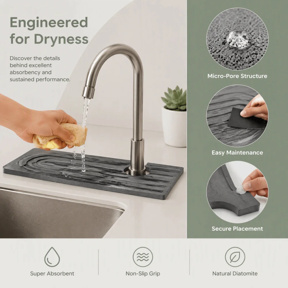 3pcs Fast Drying Faucet Mat Diatomite Absorbent Pad Diatomite Faucet Mat Dark Gray With Sanding Tool Kitchen Sink Protector