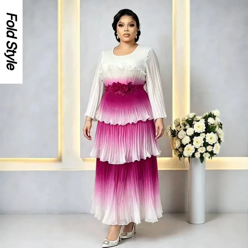 

2026 Miyake High-end Banquet Pleated Fungus Edge Three-dimensional Flower Decoration Printing Gradual Change Light Luxury Dress
