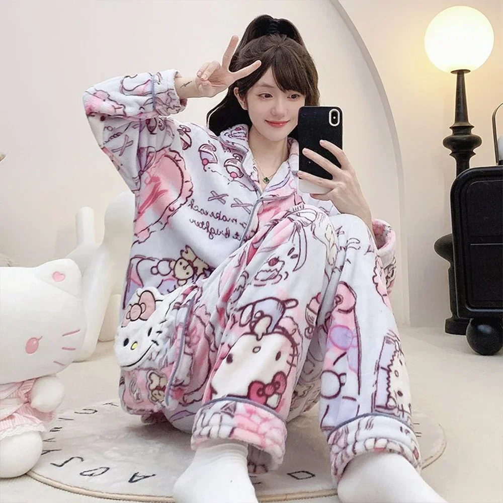 Sanrioed Cartoon Hello Kitty Couple Plush Pajama Set Anime Kuromi Coral Velvet Men Women Sleepwear Cute Warm Winter Homewear