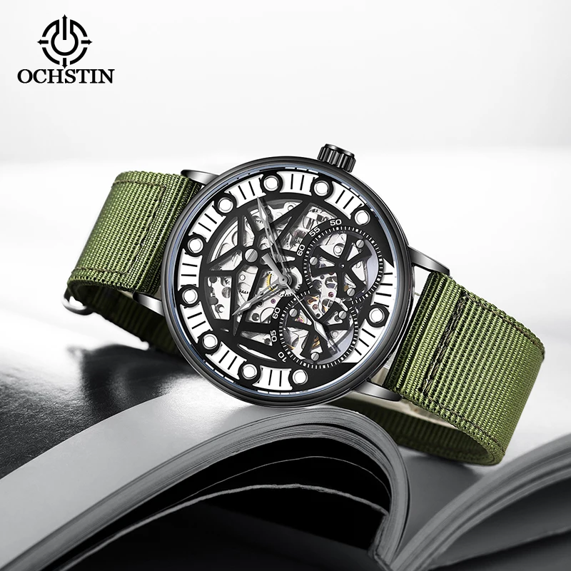 OCHSTIN Man Light‑weight Creative‑Nylon‑Collection Men Hollow Mechanical Watch Soft Nylon Strap Skeleton Dial Daily‑use Clock