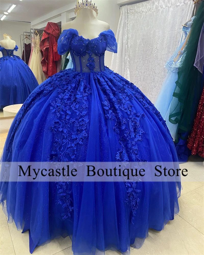 Azul real rendas apliques quinceanera vestido de baile 2025 com capa frisada doce 16 vestido rendas personalizado vestido de 15 anos