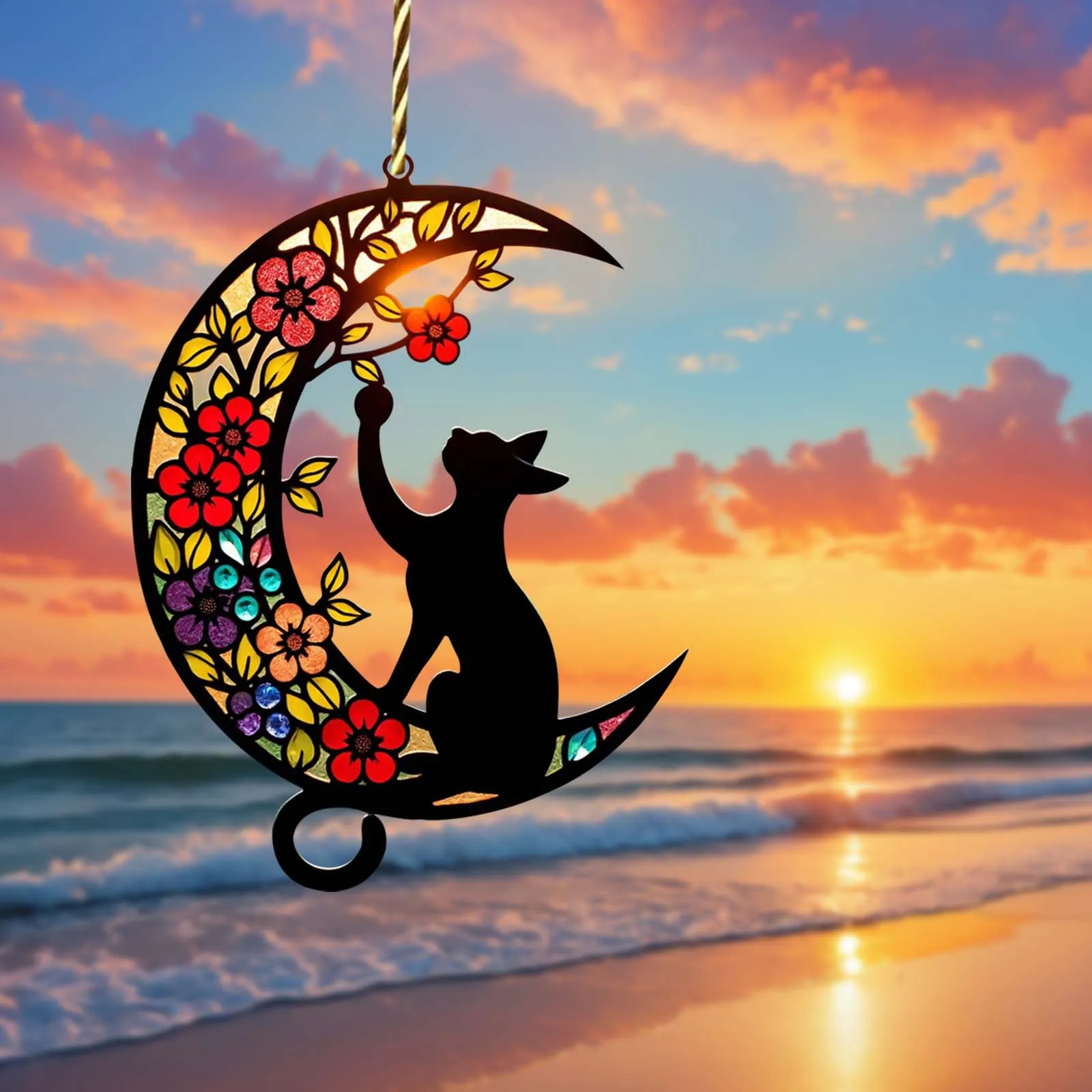 Colorful Acrylic Suncatcher, Halloween Black Cat Resting on Books Hanging Window Wall Art Decor with Printed Stained Glass Style