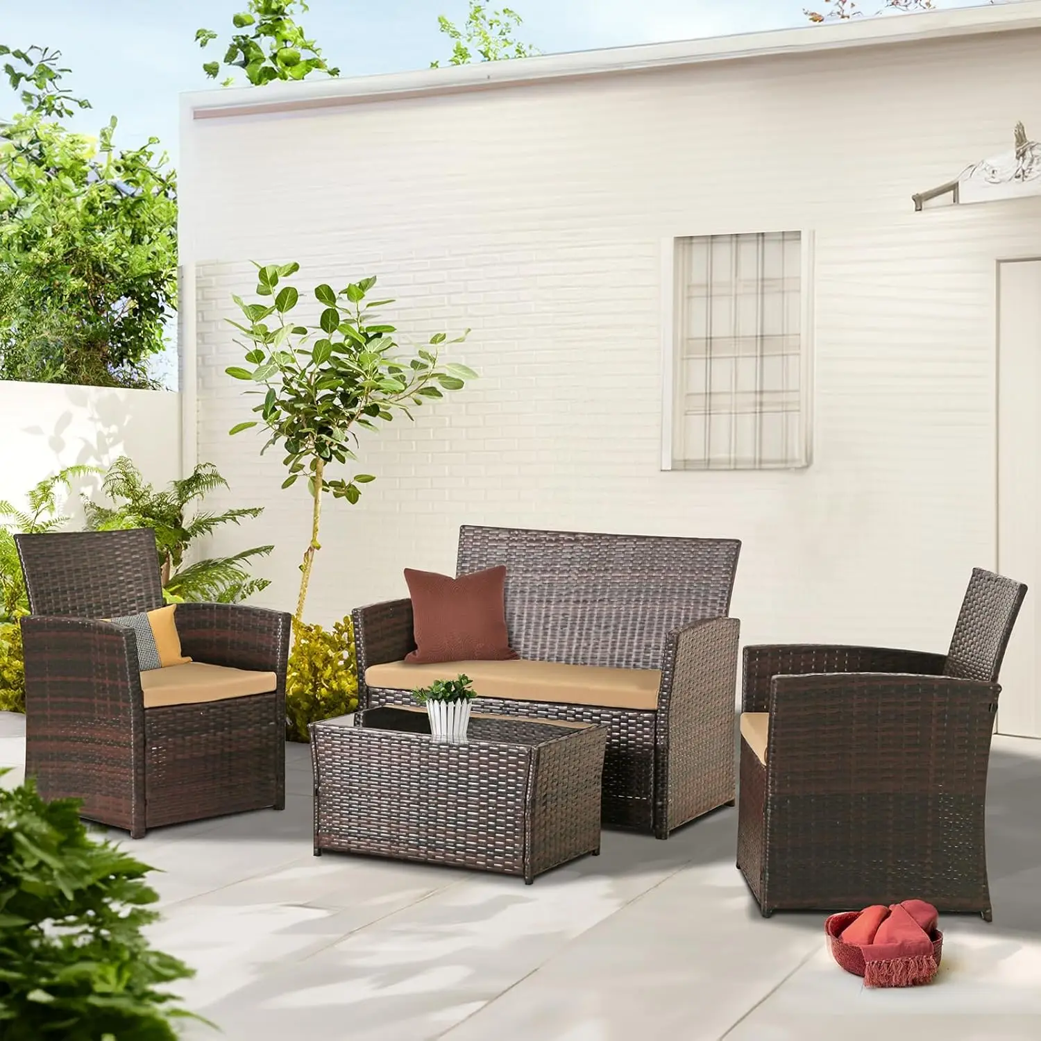 

Patio Outdoor Furniture 4 Pieces Sectional Sofa Set Balcony Furniture Wicker Rattan Chairs with Table and Loveseat for Garden