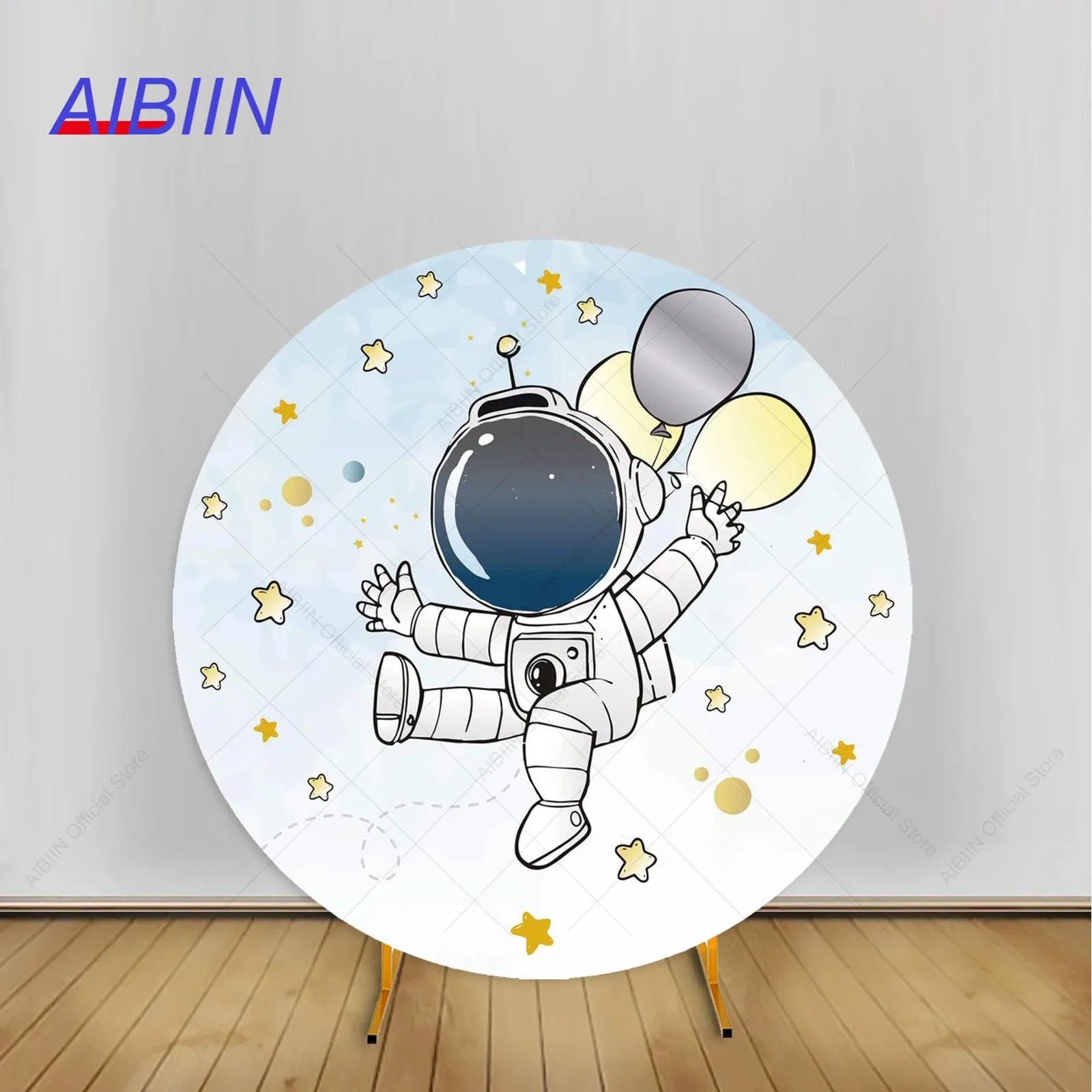 

Astronaut Theme Birthday Round Backdrop Cover Watercolor White Cloud Gold Star Boy Baby Shower Party Decor Cake Background