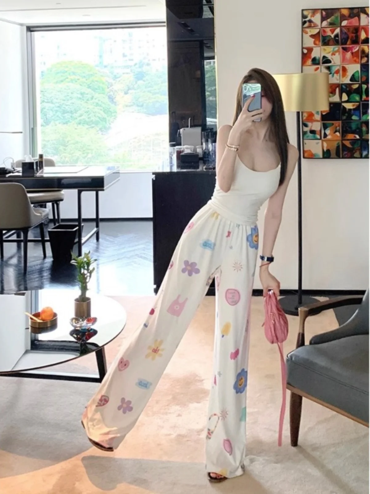 

Белые широкие брюки для женщин, летние, тонкие, из ледяного шелка, повседневные, длинные, для дома, для сна, с защитой от солнца, в стиле «Допамин»