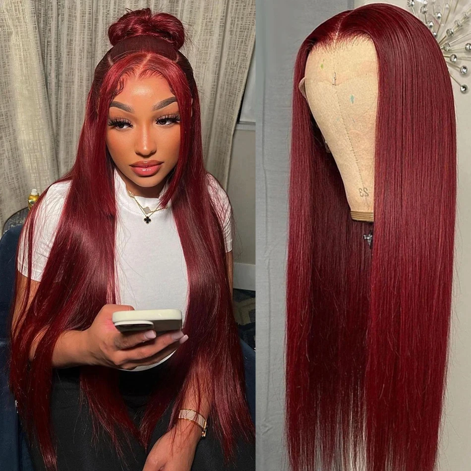 

13x6 HD Lace Frontal Human Hair Wig Straight Red Burgundy Pre Plucked 99J Colored Wig 13x4 Lace Front Human Hair Wigs For Women