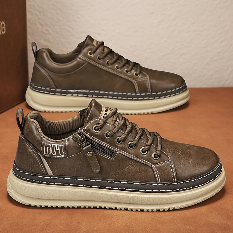 

2026 New Arrival Men's Casual Fashion Leather-Upper Sports Sneakers with Soft Soles and Anti-Slip Board Shoes for Men