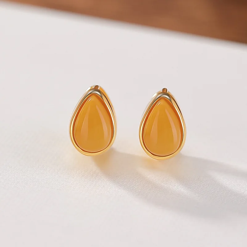 

S925 Sterling Gold-Plated Amber Fashion Versatile Drop Elegant Silver Earrings Clips Ear Jewelry
