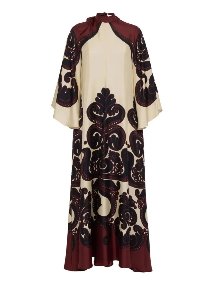 Pattern Print Vintage Long Dress Women Sexy V Neck Lace-up Vestidos New Fashion Spring Flared Sleeve Loose Party Maxi Dresses