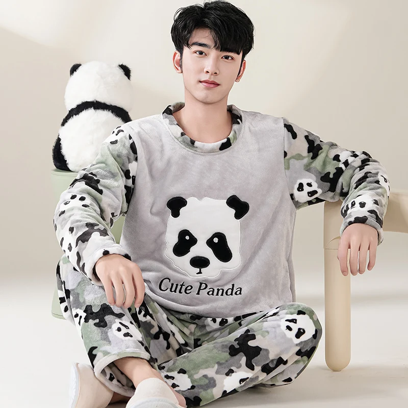 Autumn Winter New Coral Fleece Pajamas for Man Round Neck Long Sleeve Lounge Sets Man 2 Piece Fashion Printing Home Suit for Man