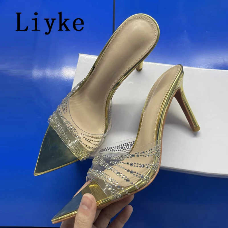 

Liyke Sexy Gold High Heels Transparent Slippers For Women Crystal Rhinestone Pointed Toe Slides Stripper Party Sandal Mule Shoes
