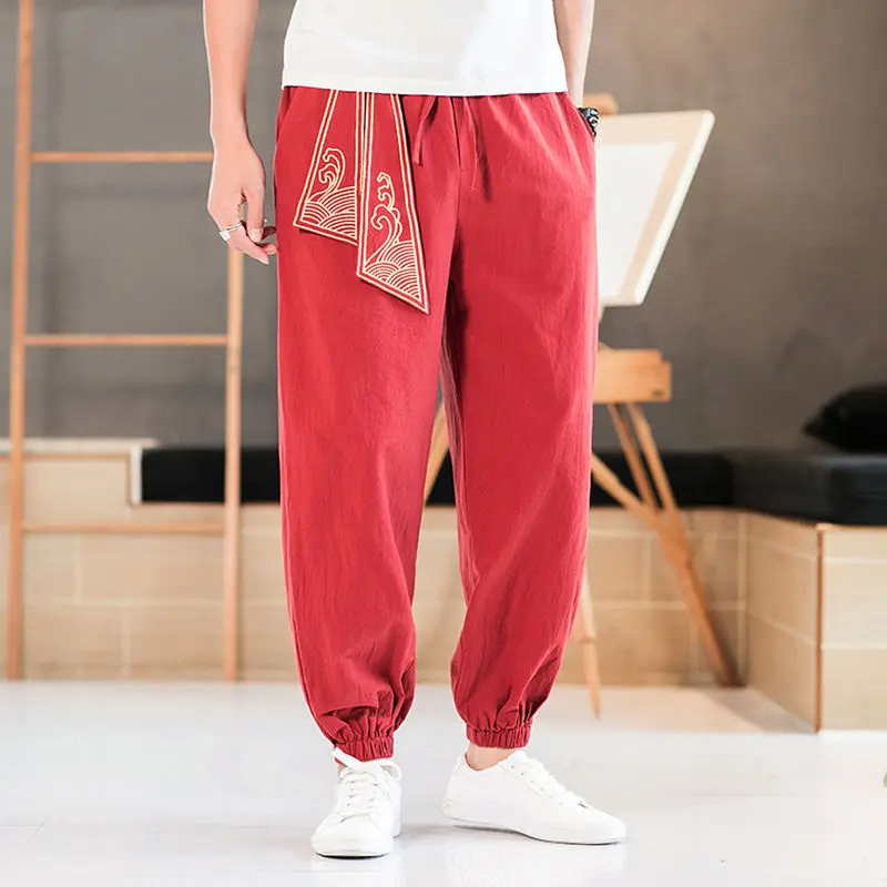 2023 New Spring and Autumn Chinese Style Embroidered Linen Sports Loose Casual Korean Version Trendy Men\'s Feet Cropped Pants