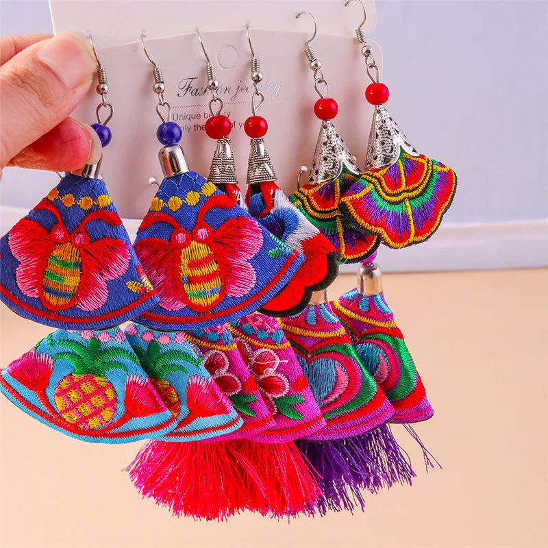 Ethnische Böhmen Quaste Ohrringe für Frauen Aussage Retro Bunte Baumwolle Seide Fransen Ohrring Hochzeit Schmuck Zubehör – Detail 4